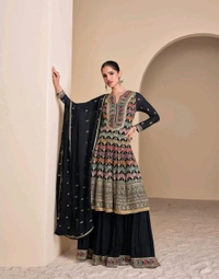Antique Fashion 1 FABRIC  REAL GEROGETTE  HEAVY LOOK EMBROIDERED TOP WITH HAND SEROSKI AND EMBROIDERED PLAZZO WITH EMBROIDERED DUPATTA - M
