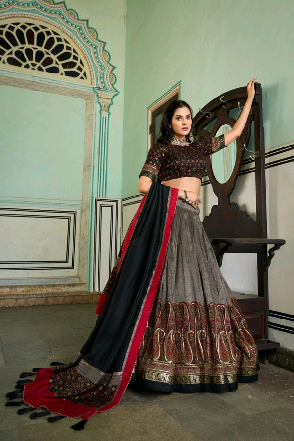 Antique Fashion 1 Elevate your ethnic game with this breathtaking tussar silk lehenga choli featuring stunning kashmiri print Perfect for any special occasion  - colour 1