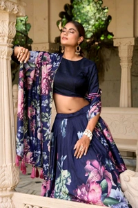 Antique Fashion 1 In a world of monochrome be the burst of color in a floral print lehenga  - colour 3, Unstitched Blouse