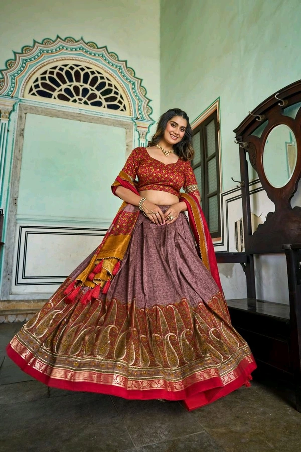 Antique Fashion 1 Elevate your ethnic game with this breathtaking tussar silk lehenga choli featuring stunning kashmiri print Perfect for any special occasion  - colour 2