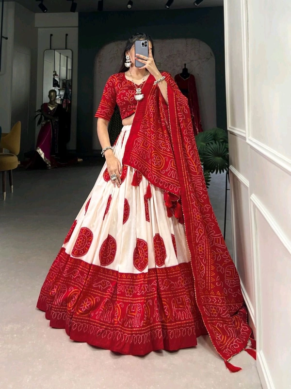 Antique Fashion 1 Artistry in Silk: Tussar Lehenga Choli with Bandhej Print  - Red, Unstitched Blouse