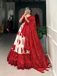Antique Fashion 1 Artistry in Silk: Tussar Lehenga Choli with Bandhej Print  - Red, Unstitched Blouse
