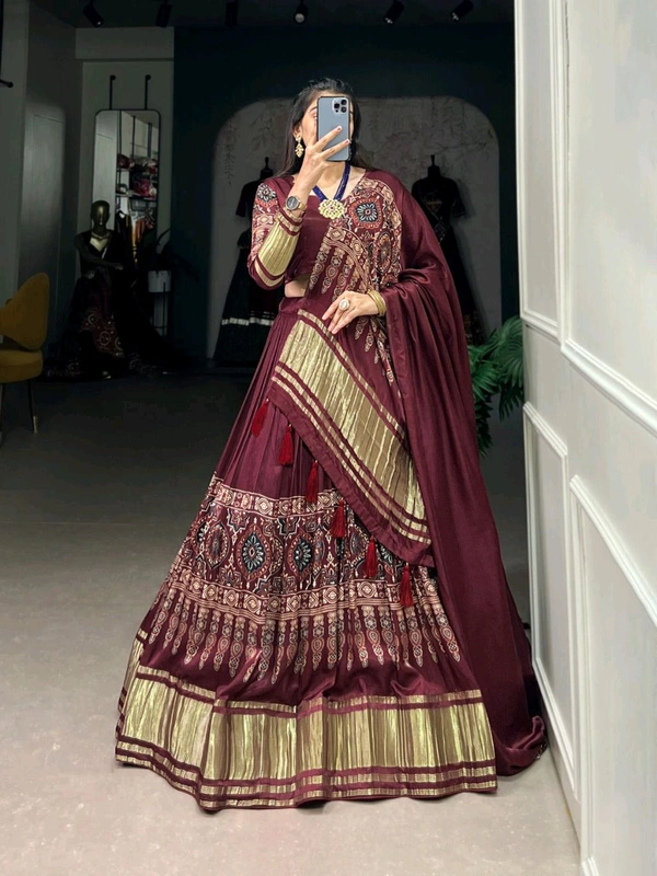 Antique Fashion 1 An enticing gaji silk lehenga that is beautifully embellished with digital print these lehenga print is sure to turn heads - colour 3