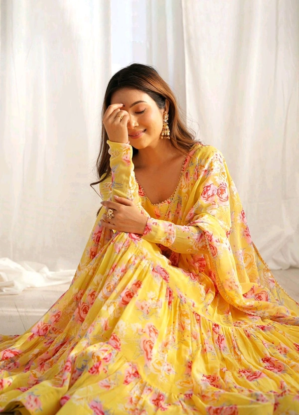 Antique Fashion 1 PURE SOFT FOX GEORGETTE FLORAL PRINT FABRIC FULLY FLAIR ANARKALI,WITH DUPPTA SET,PENT READY TO WEAR* - L (40), colour 2