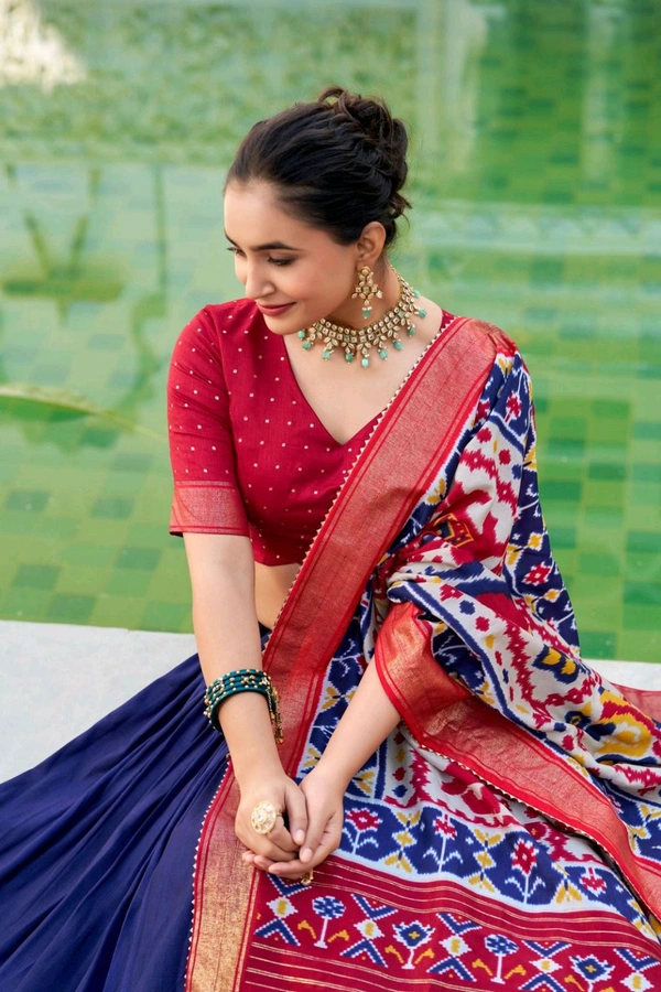 Antique Fashion 1 Presenting a perfectly blended Tussar Silk lehenga for festive season to charm your look  - Navy Blue, Unstitched Blouse