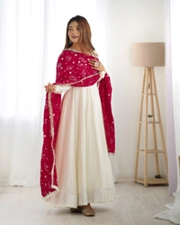 Antique Fashion 1 PURE SOFT VICHITRA  SILK FABRIC FULLY FLAIR KALI PATTERN AND CANVAS PATTA WITH DUPPTA SET,PENT READY TO WEAR - S, dark rani