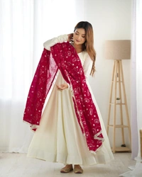 Antique Fashion 1 PURE SOFT VICHITRA  SILK FABRIC FULLY FLAIR KALI PATTERN AND CANVAS PATTA WITH DUPPTA SET,PENT READY TO WEAR - S, dark rani