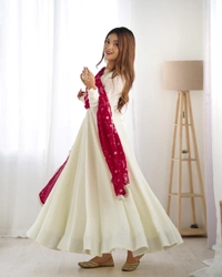 Antique Fashion 1 PURE SOFT VICHITRA  SILK FABRIC FULLY FLAIR KALI PATTERN AND CANVAS PATTA WITH DUPPTA SET,PENT READY TO WEAR - S, dark rani