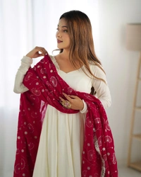 Antique Fashion 1 PURE SOFT VICHITRA  SILK FABRIC FULLY FLAIR KALI PATTERN AND CANVAS PATTA WITH DUPPTA SET,PENT READY TO WEAR - S, dark rani