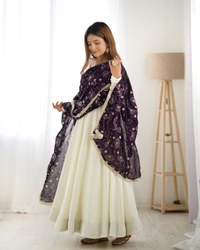 Antique Fashion 1 PURE SOFT VICHITRA  SILK FABRIC FULLY FLAIR KALI PATTERN AND CANVAS PATTA WITH DUPPTA SET,PENT READY TO WEAR - S, dark purple