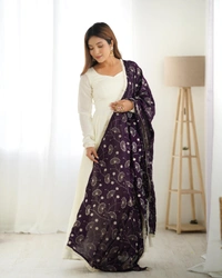 Antique Fashion 1 PURE SOFT VICHITRA  SILK FABRIC FULLY FLAIR KALI PATTERN AND CANVAS PATTA WITH DUPPTA SET,PENT READY TO WEAR - S, dark purple