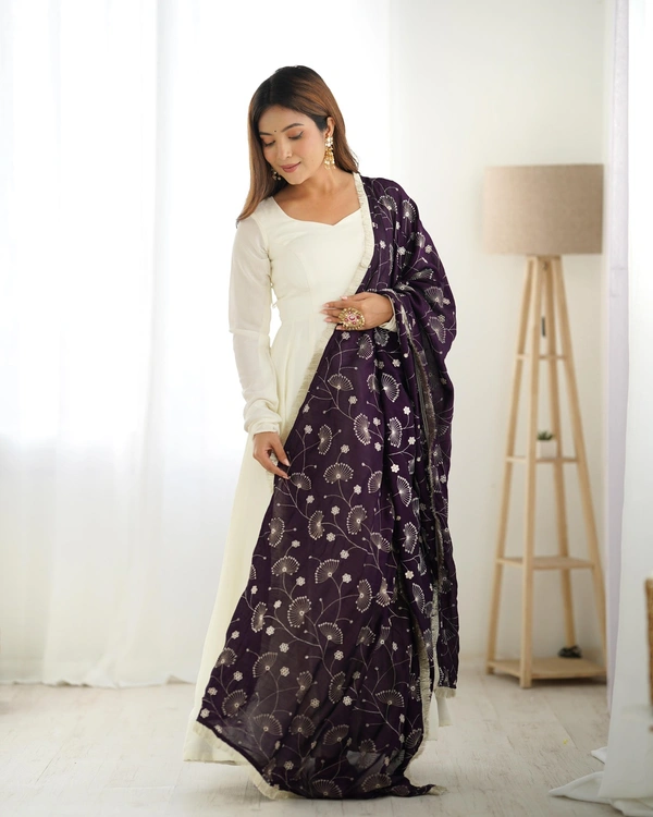 Antique Fashion 1 PURE SOFT VICHITRA  SILK FABRIC FULLY FLAIR KALI PATTERN AND CANVAS PATTA WITH DUPPTA SET,PENT READY TO WEAR - S, dark purple