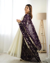 Antique Fashion 1 PURE SOFT VICHITRA  SILK FABRIC FULLY FLAIR KALI PATTERN AND CANVAS PATTA WITH DUPPTA SET,PENT READY TO WEAR - S, dark purple