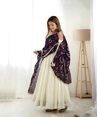 Antique Fashion 1 PURE SOFT VICHITRA  SILK FABRIC FULLY FLAIR KALI PATTERN AND CANVAS PATTA WITH DUPPTA SET,PENT READY TO WEAR - M, dark purple