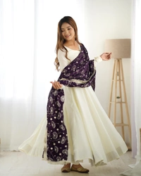 Antique Fashion 1 PURE SOFT VICHITRA  SILK FABRIC FULLY FLAIR KALI PATTERN AND CANVAS PATTA WITH DUPPTA SET,PENT READY TO WEAR - L, dark purple