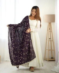 Antique Fashion 1 PURE SOFT VICHITRA  SILK FABRIC FULLY FLAIR KALI PATTERN AND CANVAS PATTA WITH DUPPTA SET,PENT READY TO WEAR - L, dark purple