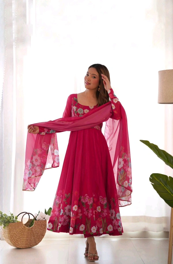 Antique Fashion 1 REAL MODELING PURE SOFT ORGANJA SILK FABRIC FULLY FLAIR KALI PATTERN AND CANVAS PATTA WITH DUPPTA SET ,PENT READY TO WEAR* - S (36), Razzmatazz