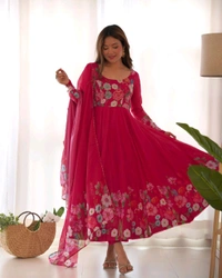 Antique Fashion 1 REAL MODELING PURE SOFT ORGANJA SILK FABRIC FULLY FLAIR KALI PATTERN AND CANVAS PATTA WITH DUPPTA SET ,PENT READY TO WEAR* - S (36), Razzmatazz