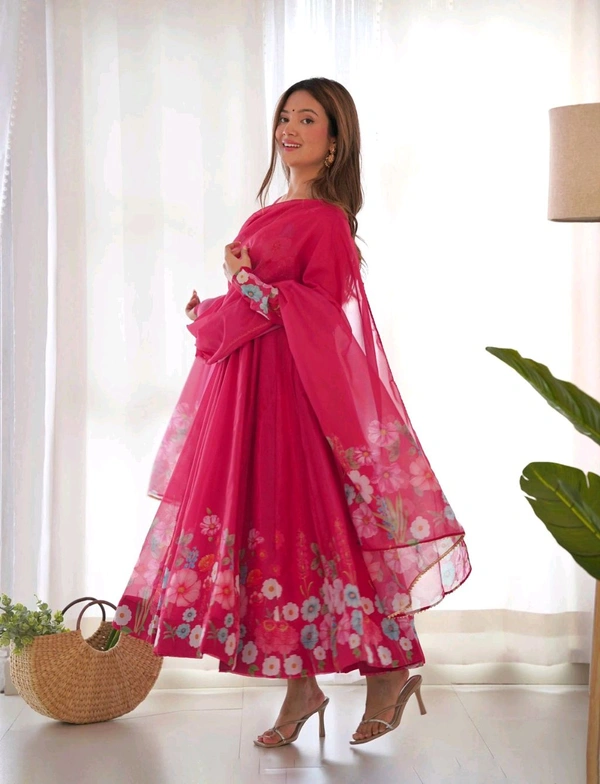 Antique Fashion 1 REAL MODELING PURE SOFT ORGANJA SILK FABRIC FULLY FLAIR KALI PATTERN AND CANVAS PATTA WITH DUPPTA SET ,PENT READY TO WEAR* - S (36), Razzmatazz