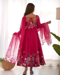 Antique Fashion 1 REAL MODELING PURE SOFT ORGANJA SILK FABRIC FULLY FLAIR KALI PATTERN AND CANVAS PATTA WITH DUPPTA SET ,PENT READY TO WEAR* - S (36), Razzmatazz
