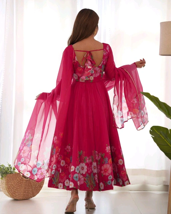 Antique Fashion 1 REAL MODELING PURE SOFT ORGANJA SILK FABRIC FULLY FLAIR KALI PATTERN AND CANVAS PATTA WITH DUPPTA SET ,PENT READY TO WEAR* - S (36), Razzmatazz
