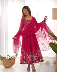 Antique Fashion 1 REAL MODELING PURE SOFT ORGANJA SILK FABRIC FULLY FLAIR KALI PATTERN AND CANVAS PATTA WITH DUPPTA SET ,PENT READY TO WEAR* - S (36), Razzmatazz