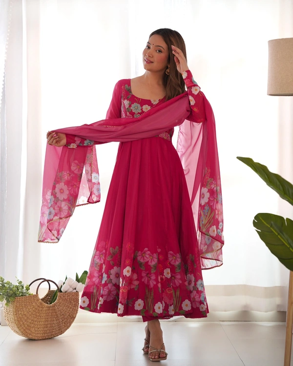Antique Fashion 1 REAL MODELING PURE SOFT ORGANJA SILK FABRIC FULLY FLAIR KALI PATTERN AND CANVAS PATTA WITH DUPPTA SET ,PENT READY TO WEAR* - M, Razzmatazz