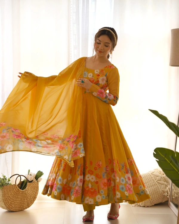 Antique Fashion 1 REAL MODELING PURE SOFT ORGANJA SILK FABRIC FULLY FLAIR KALI PATTERN AND CANVAS PATTA WITH DUPPTA SET ,PENT READY TO WEAR* - M, Web Orange