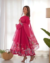 Antique Fashion 1 REAL MODELING PURE SOFT ORGANJA SILK FABRIC FULLY FLAIR KALI PATTERN AND CANVAS PATTA WITH DUPPTA SET ,PENT READY TO WEAR* - L, Razzmatazz