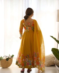Antique Fashion 1 REAL MODELING PURE SOFT ORGANJA SILK FABRIC FULLY FLAIR KALI PATTERN AND CANVAS PATTA WITH DUPPTA SET ,PENT READY TO WEAR* - L, Web Orange