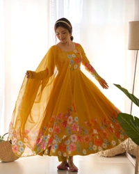 Antique Fashion 1 REAL MODELING PURE SOFT ORGANJA SILK FABRIC FULLY FLAIR KALI PATTERN AND CANVAS PATTA WITH DUPPTA SET ,PENT READY TO WEAR* - L, Web Orange