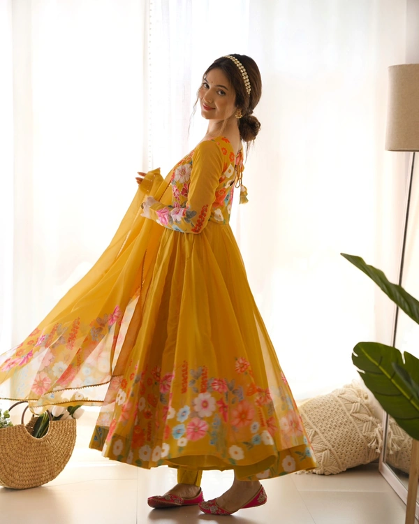 Antique Fashion 1 REAL MODELING PURE SOFT ORGANJA SILK FABRIC FULLY FLAIR KALI PATTERN AND CANVAS PATTA WITH DUPPTA SET ,PENT READY TO WEAR* - L, Web Orange