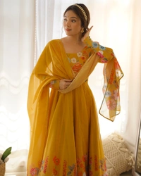 Antique Fashion 1 REAL MODELING PURE SOFT ORGANJA SILK FABRIC FULLY FLAIR KALI PATTERN AND CANVAS PATTA WITH DUPPTA SET ,PENT READY TO WEAR* - L, Web Orange