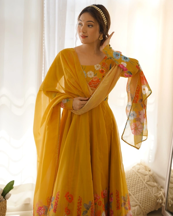 Antique Fashion 1 REAL MODELING PURE SOFT ORGANJA SILK FABRIC FULLY FLAIR KALI PATTERN AND CANVAS PATTA WITH DUPPTA SET ,PENT READY TO WEAR* - L, Web Orange