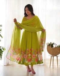 Antique Fashion 1 REAL MODELING PURE SOFT ORGANJA SILK FABRIC FULLY FLAIR KALI PATTERN AND CANVAS PATTA WITH DUPPTA SET ,PENT READY TO WEAR* - L, Liril