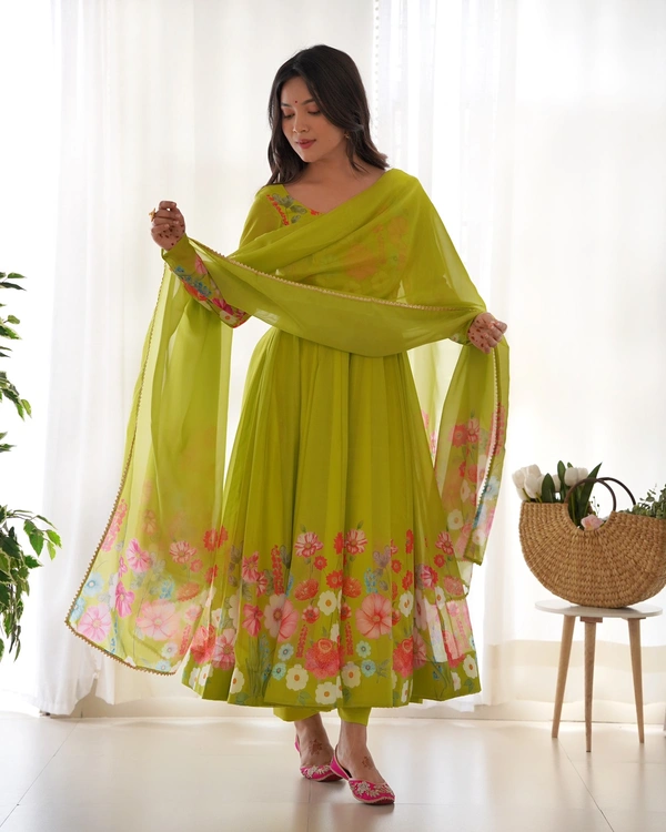 Antique Fashion 1 REAL MODELING PURE SOFT ORGANJA SILK FABRIC FULLY FLAIR KALI PATTERN AND CANVAS PATTA WITH DUPPTA SET ,PENT READY TO WEAR* - L, Liril