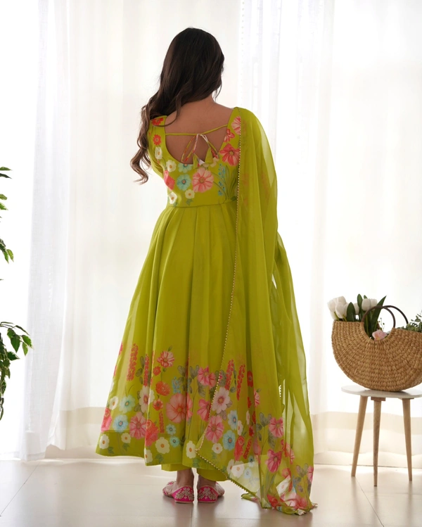 Antique Fashion 1 REAL MODELING PURE SOFT ORGANJA SILK FABRIC FULLY FLAIR KALI PATTERN AND CANVAS PATTA WITH DUPPTA SET ,PENT READY TO WEAR* - L, Liril