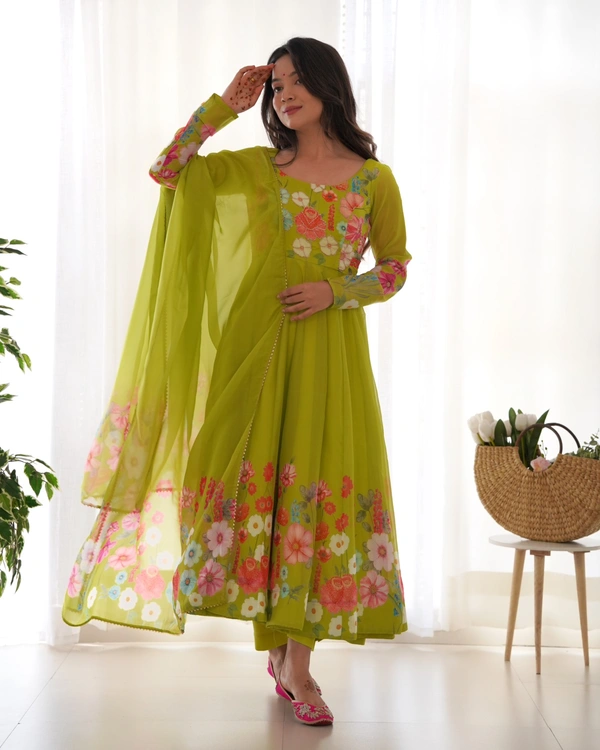Antique Fashion 1 REAL MODELING PURE SOFT ORGANJA SILK FABRIC FULLY FLAIR KALI PATTERN AND CANVAS PATTA WITH DUPPTA SET ,PENT READY TO WEAR* - L, Liril