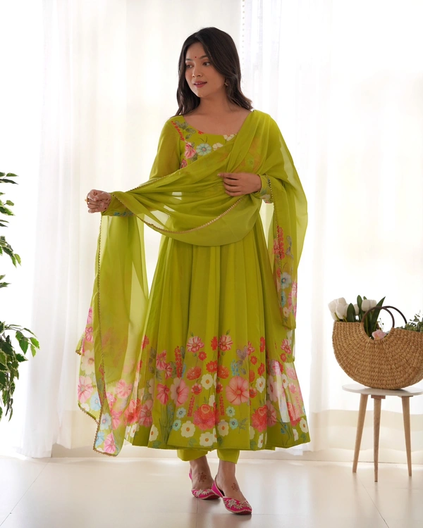 Antique Fashion 1 REAL MODELING PURE SOFT ORGANJA SILK FABRIC FULLY FLAIR KALI PATTERN AND CANVAS PATTA WITH DUPPTA SET ,PENT READY TO WEAR* - L, Liril