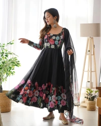 Antique Fashion 1 REAL MODELING PURE SOFT ORGANJA SILK FABRIC FULLY FLAIR KALI PATTERN AND CANVAS PATTA WITH DUPPTA SET ,PENT READY TO WEAR* - L, Black