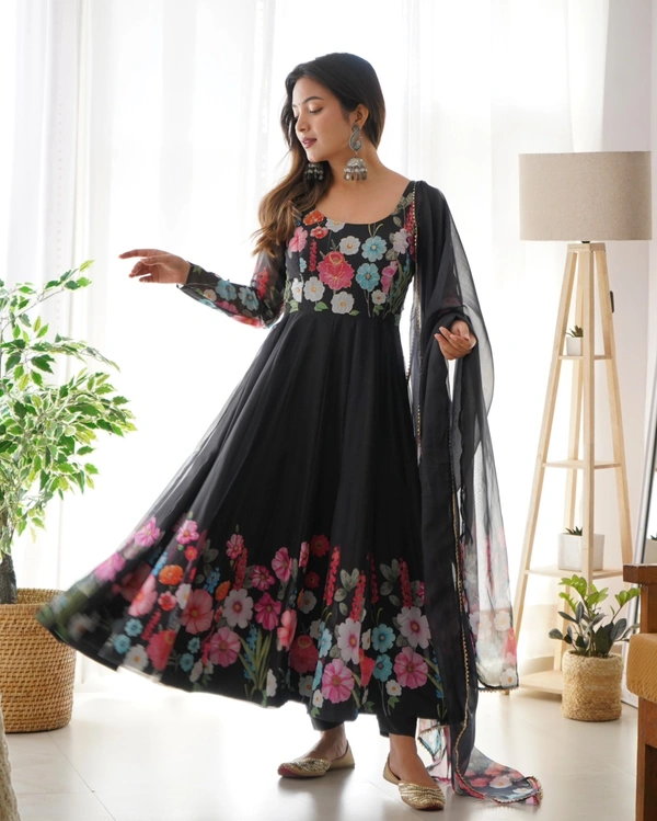 Antique Fashion 1 REAL MODELING PURE SOFT ORGANJA SILK FABRIC FULLY FLAIR KALI PATTERN AND CANVAS PATTA WITH DUPPTA SET ,PENT READY TO WEAR* - L, Black