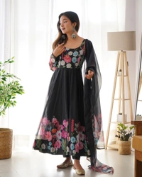 Antique Fashion 1 REAL MODELING PURE SOFT ORGANJA SILK FABRIC FULLY FLAIR KALI PATTERN AND CANVAS PATTA WITH DUPPTA SET ,PENT READY TO WEAR* - L, Black