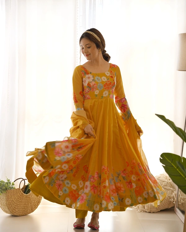 Antique Fashion 1 REAL MODELING PURE SOFT ORGANJA SILK FABRIC FULLY FLAIR KALI PATTERN AND CANVAS PATTA WITH DUPPTA SET ,PENT READY TO WEAR* - Xl, Web Orange