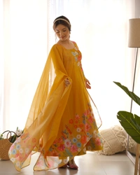 Antique Fashion 1 REAL MODELING PURE SOFT ORGANJA SILK FABRIC FULLY FLAIR KALI PATTERN AND CANVAS PATTA WITH DUPPTA SET ,PENT READY TO WEAR* - Xxl, Web Orange