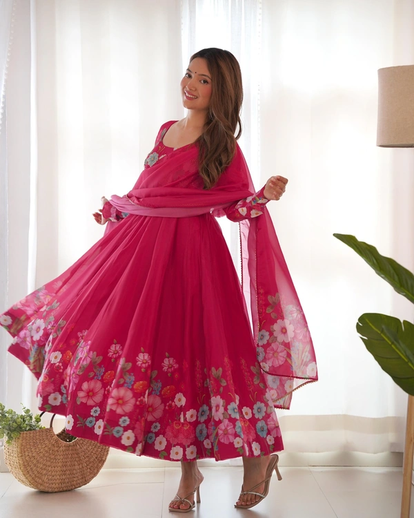 Antique Fashion 1 REAL MODELING PURE SOFT ORGANJA SILK FABRIC FULLY FLAIR KALI PATTERN AND CANVAS PATTA WITH DUPPTA SET ,PENT READY TO WEAR* - Xxxl, Razzmatazz