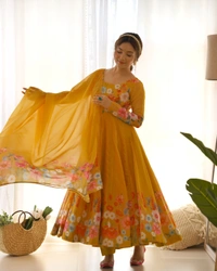 Antique Fashion 1 REAL MODELING PURE SOFT ORGANJA SILK FABRIC FULLY FLAIR KALI PATTERN AND CANVAS PATTA WITH DUPPTA SET ,PENT READY TO WEAR* - Xxxl, Web Orange