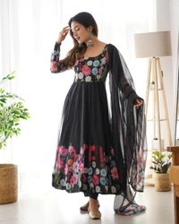 Antique Fashion 1 REAL MODELING PURE SOFT ORGANJA SILK FABRIC FULLY FLAIR KALI PATTERN AND CANVAS PATTA WITH DUPPTA SET ,PENT READY TO WEAR* - Xxxl, Black