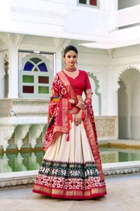 Antique Fashion 1 Presenting a perfectly blended Tussar Silk lehenga for festive season to charm your look  - Papaya Whip, Stitched Blouse