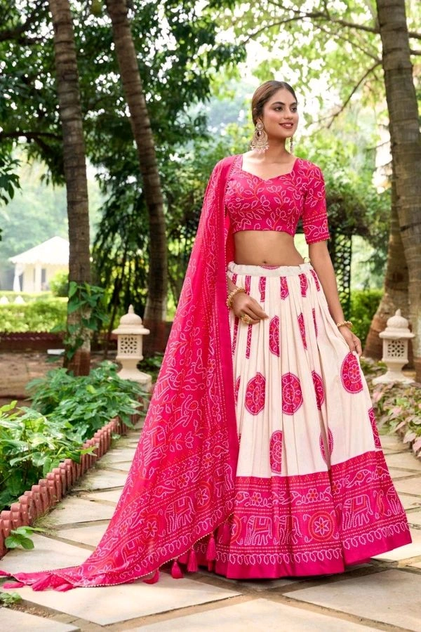 Antique Fashion 1 Artistry in Silk: Tussar Lehenga Choli with Bandhej Print  - pink, Stitched Blouse