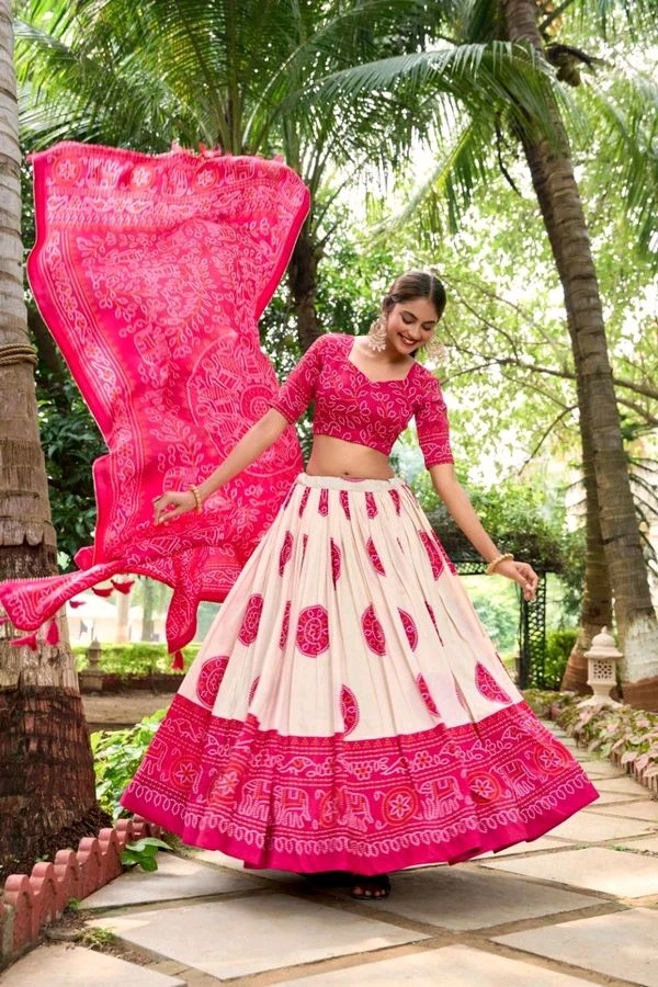Antique Fashion 1 Artistry in Silk: Tussar Lehenga Choli with Bandhej Print  - pink, Stitched Blouse